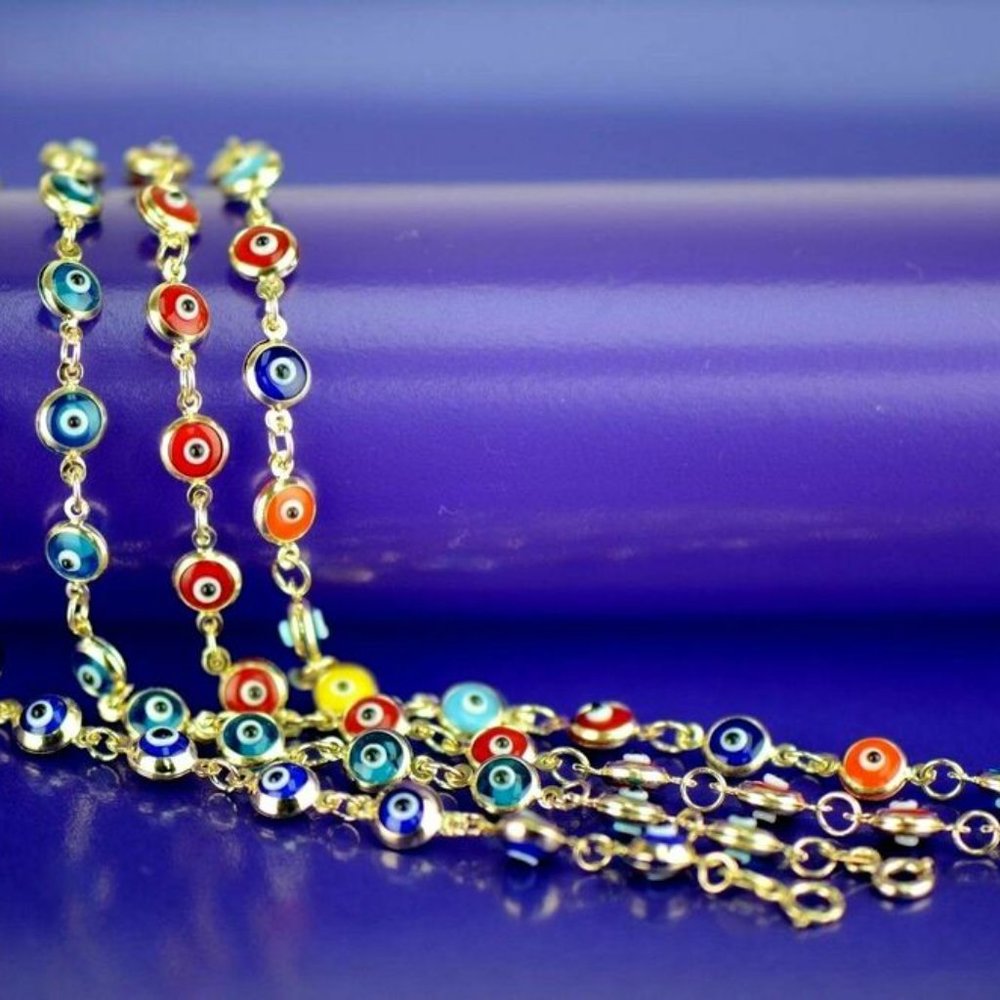 Solid 14k Yellow Gold Evil Eye 6" Bracelets - image 7